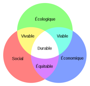 Schéma des trois piliers du développement durable : intersection des sphères économique, sociale et écologique.