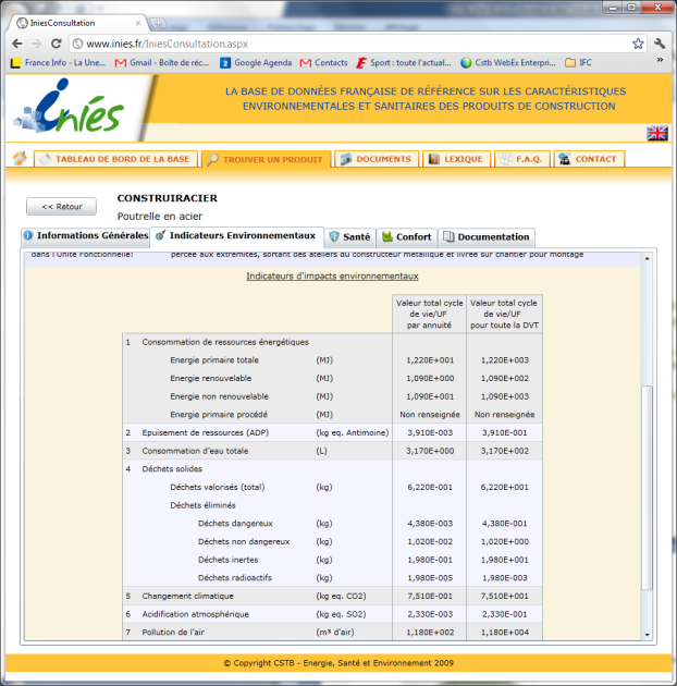 Capture d'écran présentant les indicateurs environnementaux d'un produit de construction, dans la base INIES.