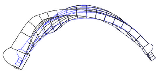 Figure 3. Modélisation des effets du gonflement sur un barrage voûte - déformée en plan (Bourdarot, 01)